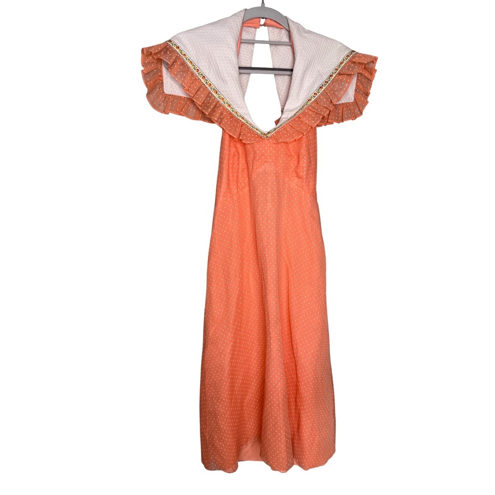 Vintage Sylvia Ann Peach Polka Dot Prairie‎ Dress 1970s Cottagecore Maxi